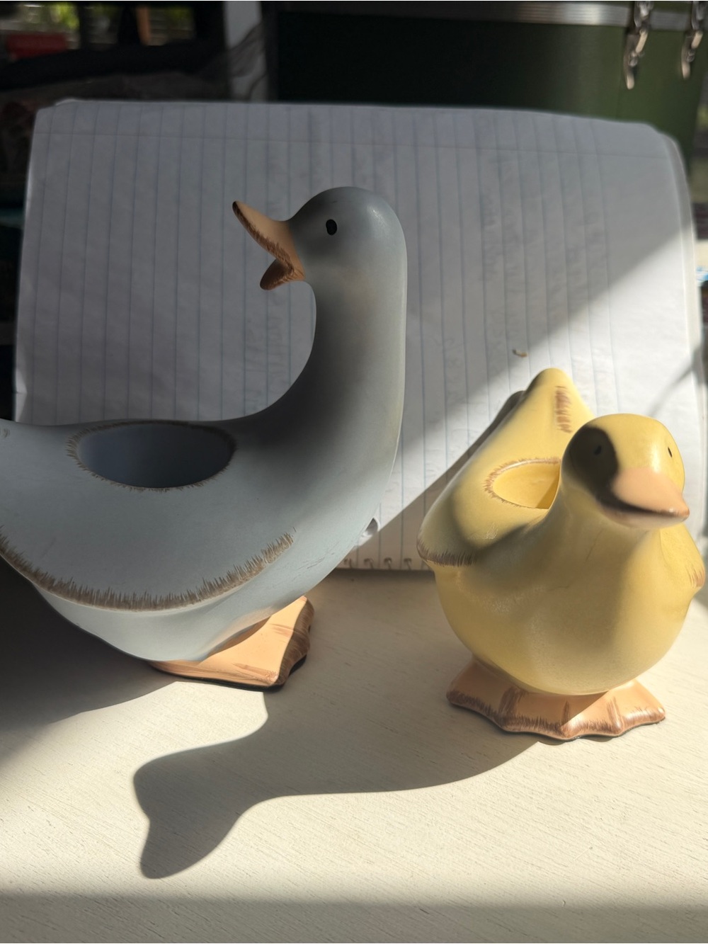 PartyLite Ceramic Duck Planter Pair in Light Blue and Yellow-Orange Trim